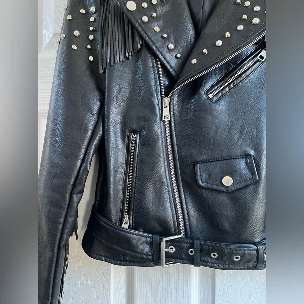 PINK ROSE Black Studded Fringe Leather Moto Jacket - Picture 5 of 10